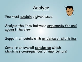 Analyse
You must explain a given issue
Analyse the links between arguments for and
against the view
Support all points with evidence or statistics
Come to an overall conclusion which
identifies consequences or implications
 