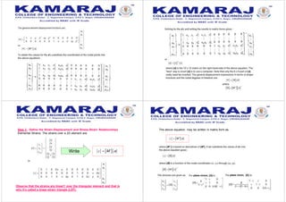 Step 3 : Define the Strain-Displacement and Stress-Strain Relationships
Elemental Strains: The strains over a 2D element are:
Observe that the strains are linear!! over the triangular element and that is
why it’s called a linear-strain triangle (LST).
Write
The above equation may be written in matrix form as:
 