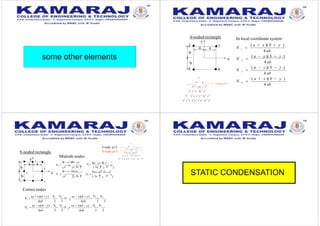 some other elements
4-noded rectangle
y
a a 1
4
2
b
b
3
In local coordinate system
4 ab
4
3
2
1
4 ab
( a  x )( b  y )
N 
N 
4 ab
( a  x )( b  y )
4 ab
( a  x )( b  y )
x N 
( a  x )( b  y )
N 
1
x5
x4
y x3
y2
x2
y3
xy4
y5
x4
x3
x 2
y xy 2
y3
x3
y x 2
y 2
xy3
y 4
xyx2
y2
x y
4 node;p=2
Corner nodes
3 4
1 2
2 2 4ab 2 24ab
2 2 4ab 2 24ab
N 
(a  x)(b  y)

N6

N7
N 
(a  x)(b  y)

N8

N7
N 
(a  x)(b  y)

N5

N8
N 
(a  x)(b  y)

N5

N6
x
y
a a 1
4
2
b
b
3
5
6
7
8
Midside nodes
  
  
2 2
8
2 2
2 2
6
2 2
b2  2a 
(a x) b y       
 N  2b 
7  a2
a  x  (b y)
N 
 b2  2a 
N  (a x)  b y 
 2b 
5  a2 
a  x  (b y)
N 
8-noded rectangle
4 node; p=2
8 node; p=3
5 4 3 2 2 3 4 5
x x y x y x y xy y
x 3
x 2
y xy 2
y 3
x 4
x 3
y x 2
y 2
xy 3
y 4
xyx 2
y 2
1
x y
STATIC CONDENSATION
 