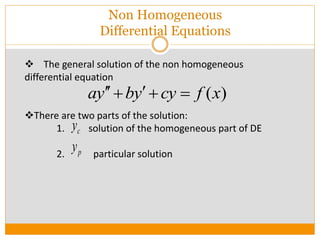  The general solution of the non homogeneous
differential equation
There are two parts of the solution:
1. solution of the homogeneous part of DE
2. particular solution
( )ay by cy f x   
cy
py
Non Homogeneous
Differential Equations
 