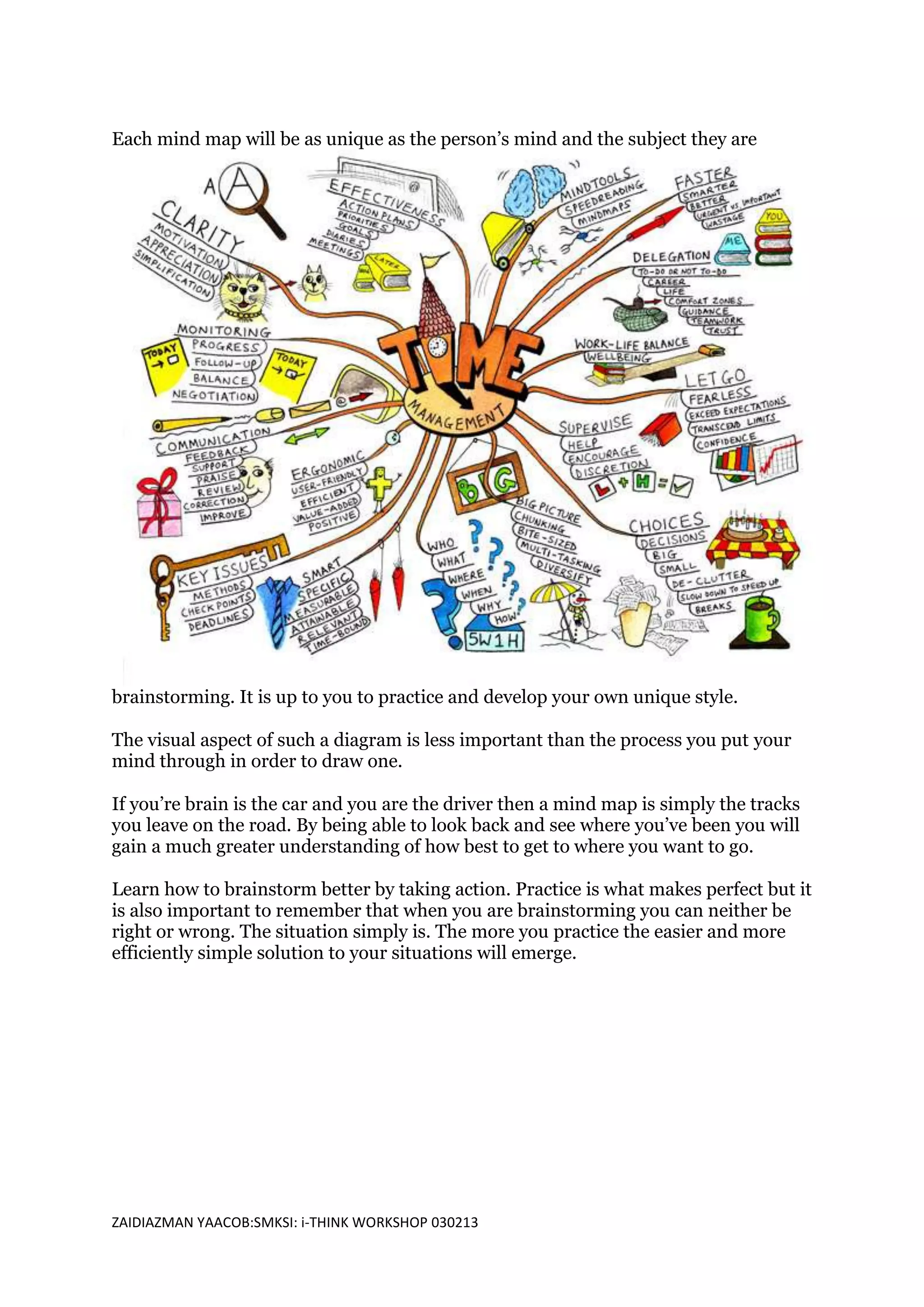 Each mind map will be as unique as the person’s mind and the subject they are




brainstorming. It is up to you to practice and develop your own unique style.

The visual aspect of such a diagram is less important than the process you put your
mind through in order to draw one.

If you’re brain is the car and you are the driver then a mind map is simply the tracks
you leave on the road. By being able to look back and see where you’ve been you will
gain a much greater understanding of how best to get to where you want to go.

Learn how to brainstorm better by taking action. Practice is what makes perfect but it
is also important to remember that when you are brainstorming you can neither be
right or wrong. The situation simply is. The more you practice the easier and more
efficiently simple solution to your situations will emerge.




ZAIDIAZMAN YAACOB:SMKSI: i-THINK WORKSHOP 030213
 