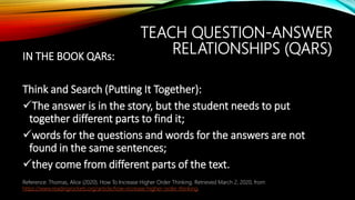 TEACH QUESTION-ANSWER
RELATIONSHIPS (QARS)IN THE BOOK QARs:
Think and Search (Putting It Together):
The answer is in the story, but the student needs to put
together different parts to find it;
words for the questions and words for the answers are not
found in the same sentences;
they come from different parts of the text.
Reference: Thomas, Alice (2020). How To Increase Higher Order Thinking. Retrieved March 2, 2020, from
https://www.readingrockets.org/article/how-increase-higher-order-thinking.
 