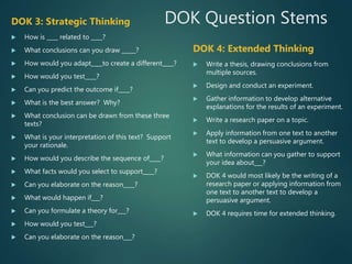 DOK Question StemsDOK 3: Strategic Thinking
 How is ____ related to ____?
 What conclusions can you draw _____?
 How would you adapt____to create a different____?
 How would you test____?
 Can you predict the outcome if____?
 What is the best answer? Why?
 What conclusion can be drawn from these three
texts?
 What is your interpretation of this text? Support
your rationale.
 How would you describe the sequence of____?
 What facts would you select to support____?
 Can you elaborate on the reason____?
 What would happen if___?
 Can you formulate a theory for___?
 How would you test___?
 Can you elaborate on the reason___?
DOK 4: Extended Thinking
 Write a thesis, drawing conclusions from
multiple sources.
 Design and conduct an experiment.
 Gather information to develop alternative
explanations for the results of an experiment.
 Write a research paper on a topic.
 Apply information from one text to another
text to develop a persuasive argument.
 What information can you gather to support
your idea about___?
 DOK 4 would most likely be the writing of a
research paper or applying information from
one text to another text to develop a
persuasive argument.
 DOK 4 requires time for extended thinking.
 