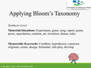 Applying Bloom’s Taxonomy
Synthesis Level
Materials/Situations: Experiment, game, song, report, poem,
prose, speculation, creation, art, invention, drama, rules
Measurable Keywords: Combine, hypothesize, construct,
originate, create, design, formulate, role-play, develop
Copyright © 2021 Talent & Skills HuB
 