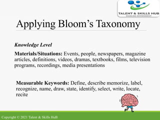 Applying Bloom’s Taxonomy
Knowledge Level
Materials/Situations: Events, people, newspapers, magazine
articles, definitions, videos, dramas, textbooks, films, television
programs, recordings, media presentations
Measurable Keywords: Define, describe memorize, label,
recognize, name, draw, state, identify, select, write, locate,
recite
Copyright © 2021 Talent & Skills HuB
 