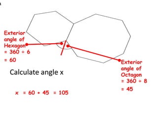 Calculate angle x
Exterior
angle of
Hexagon
= 360 ÷ 6
= 60 Exterior
angle of
Octagon
= 360 ÷ 8
= 45
x = 60 + 45 = 105
 