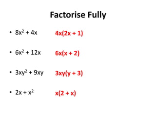 Factorise Fully
• 8x2 + 4x
• 6x2 + 12x
• 3xy2 + 9xy
• 2x + x2
4x(2x + 1)
6x(x + 2)
3xy(y + 3)
x(2 + x)
 