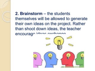 2. Brainstorm – the students
themselves will be allowed to generate
their own ideas on the project. Rather
than shoot down ideas, the teacher
encourage ideas exchange.
 