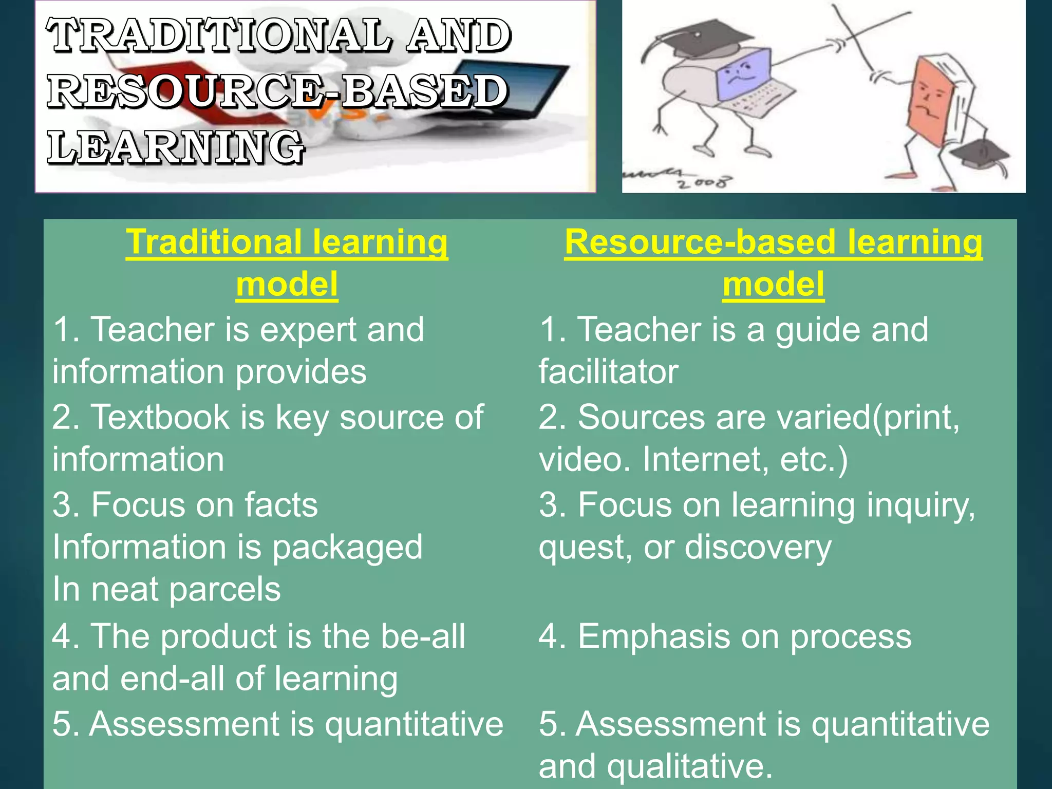 Traditional learning
model
Resource-based learning
model
1. Teacher is expert and
information provides
1. Teacher is a guide and
facilitator
2. Textbook is key source of
information
2. Sources are varied(print,
video. Internet, etc.)
3. Focus on facts
Information is packaged
In neat parcels
3. Focus on learning inquiry,
quest, or discovery
4. The product is the be-all
and end-all of learning
4. Emphasis on process
5. Assessment is quantitative 5. Assessment is quantitative
and qualitative.
 