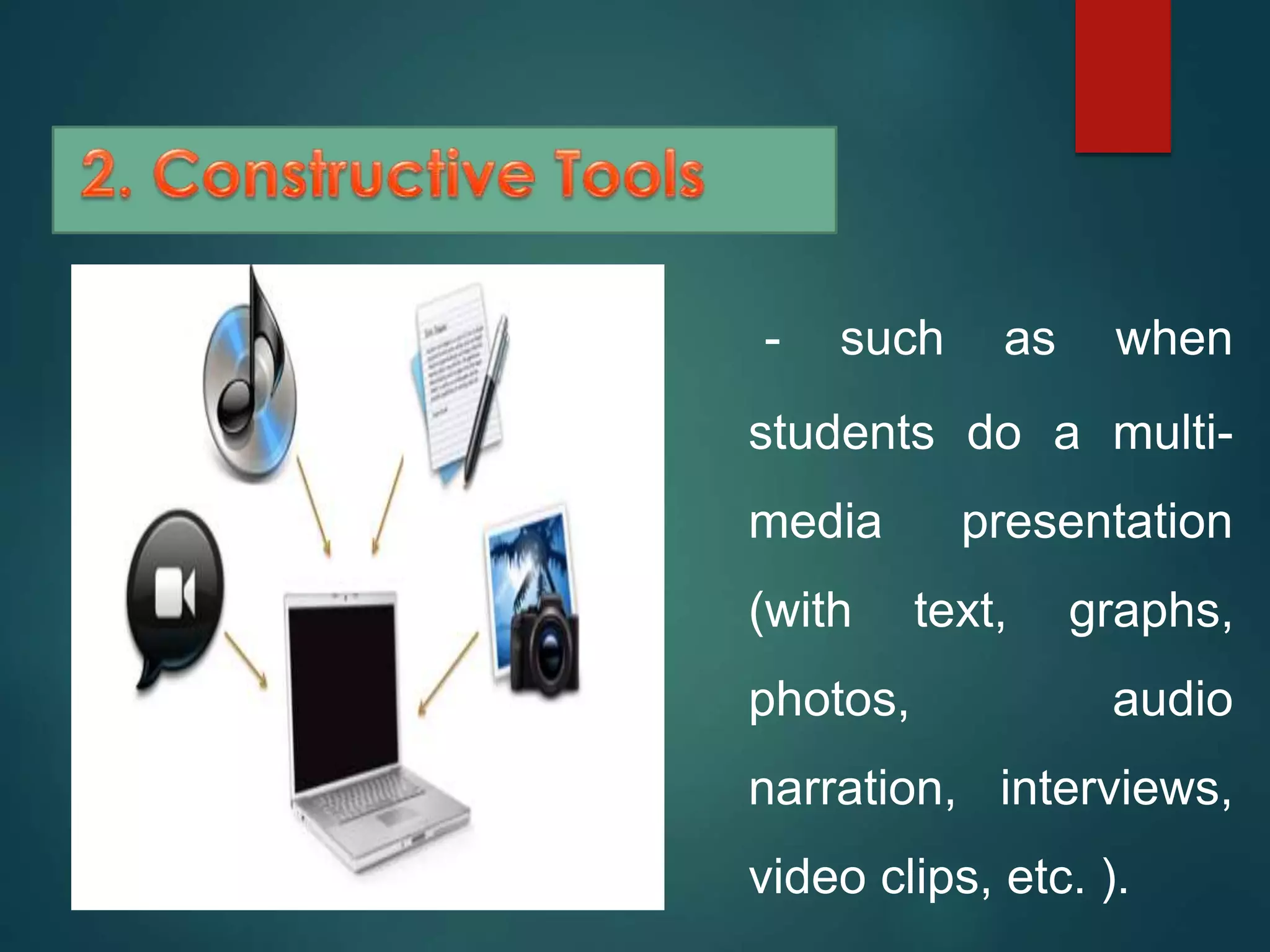 - such as when
students do a multi-
media presentation
(with text, graphs,
photos, audio
narration, interviews,
video clips, etc. ).
 