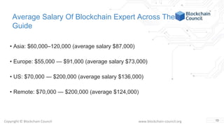 Copyright © Blockchain Council www.blockchain-council.org
Average Salary Of Blockchain Expert Across The
Guide
• Asia: $60,000–120,000 (average salary $87,000)
• Europe: $55,000 — $91,000 (average salary $73,000)
• US: $70,000 — $200,000 (average salary $136,000)
• Remote: $70,000 — $200,000 (average $124,000)
10
 