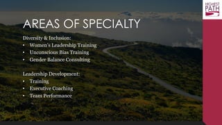 AREAS OF SPECIALTY
Leadership Development:
• Individual Executive Coaching
• Team Performance Facilitation
• Custom Training Programs
Diversity & Inclusion:
• Strategy & Consulting
• Unconscious Bias Training
• Women’s Leadership Programs
• Gender Balance Consulting
 