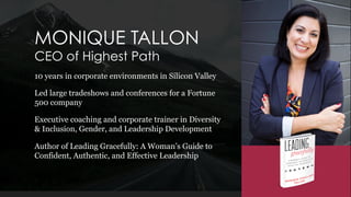 MONIQUE TALLON
10 years in corporate environments in Silicon Valley
Led large tradeshows and conferences for a Fortune
500 company
Executive coach and corporate trainer in Diversity &
Inclusion, Gender, and Leadership Development
Author of Leading Gracefully: A Woman’s Guide to
Confident, Authentic, and Effective Leadership
CEO of Highest Path
 