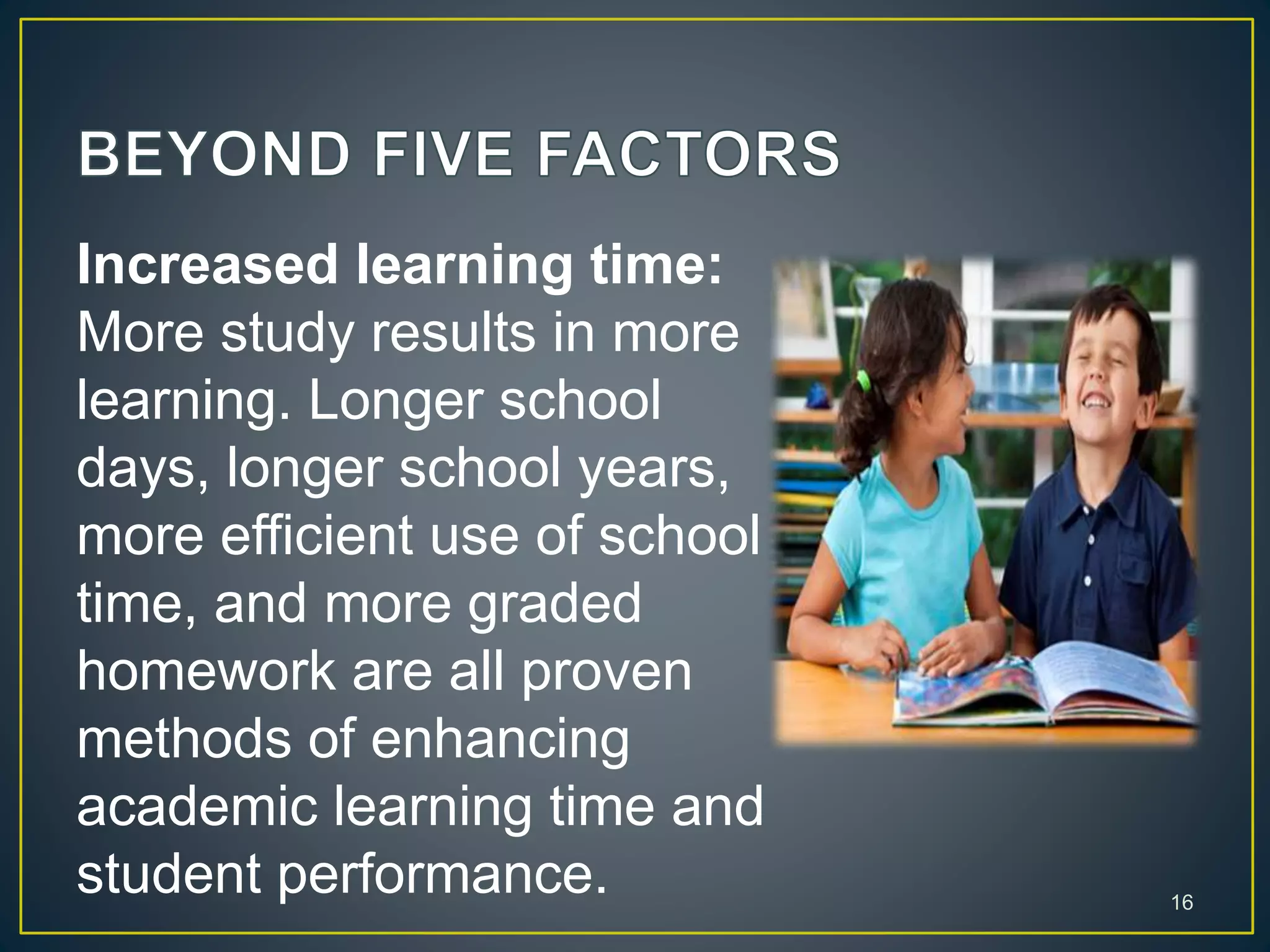 Increased learning time:
More study results in more
learning. Longer school
days, longer school years,
more efficient use of school
time, and more graded
homework are all proven
methods of enhancing
academic learning time and
student performance. 16
 