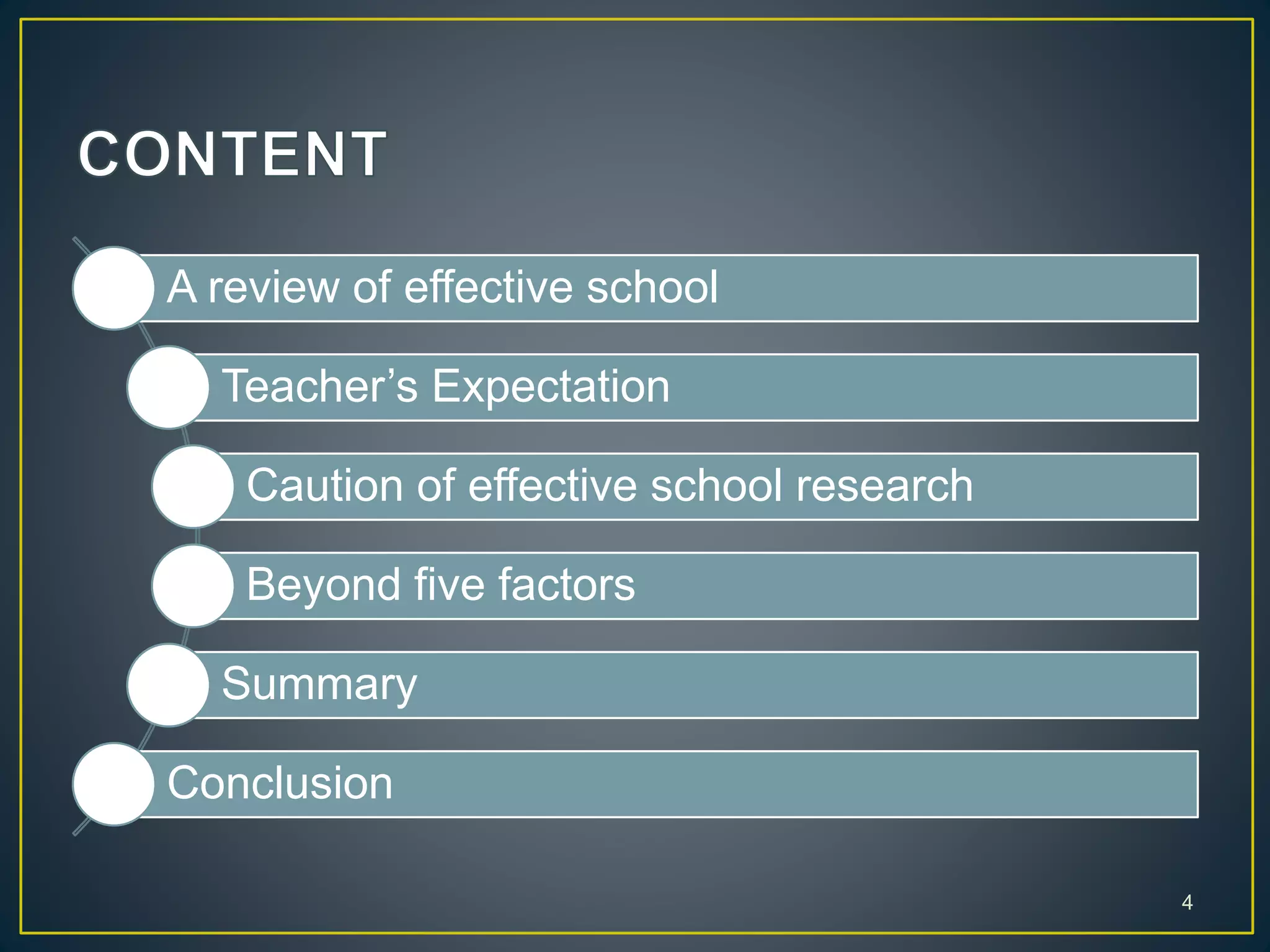 A review of effective school
Teacher’s Expectation
Caution of effective school research
Beyond five factors
Summary
Conclusion
4
 