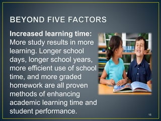 Increased learning time:
More study results in more
learning. Longer school
days, longer school years,
more efficient use of school
time, and more graded
homework are all proven
methods of enhancing
academic learning time and
student performance. 16
 