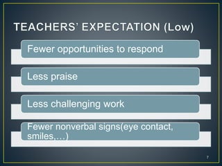Fewer opportunities to respond
Less praise
Less challenging work
Fewer nonverbal signs(eye contact,
smiles,…)
7
 