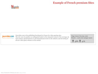 Jeuxvideo.com is the publishing benchmark in France for video gaming sites.  The site owes its position as undisputed leader to the exhaustive nature of its coverage, its rich content, special features on all international events in the industry and its testing of all new video game releases on the market.  Page views:779 024  000 Reach:  2 979 000 unique users  58%  41% Source: Mediametrie NetRating July 2009  ( all place of conexion) Example of French premium Sites 