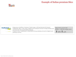 Source: Nielsen Net View March 2009 Going away on holiday or business ? Needs maps or driving direction for Europe? ViaMichelin offers a wide range of digital travel assistance services To help travellers and motorists plan their trip throughout Europe.  Created in 2001, ViaMichelin is a MICHELIN Group subsidiary devoted to digital travel assistance services.  .  Page views: 52 401 000 Reach:  1 708 000 unique users  68%  31% Example of Italian premium Sites 
