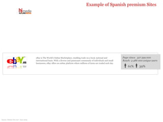 Source: Nielsen Net view  June 2009 Page views  527 599 000 Reach: 4 486 000 unique users  61%  39% eBay is The World's Online Marketplace, enabling trade on a local, national and international basis. With a diverse and passionate community of individuals and small businesses, eBay offers an online platform where millions of items are traded each day. Example of Spanish premium Sites 