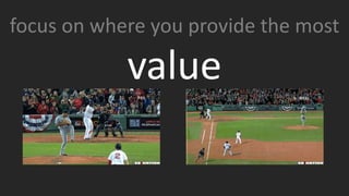 focus on where you provide the most
value
Future Hall-of-Famer David Ortiz brings value by hitting clutch home runs for the Red Sox in the post-season in the most dramatic fashion.
This gif shows Ortiz’s ONLY HIT in the American League championship series – a grand slam homerun in bottom of the 8th inning to ties the game.
David Ortiz also plays first base, but that’s not where his greatest value is.
 