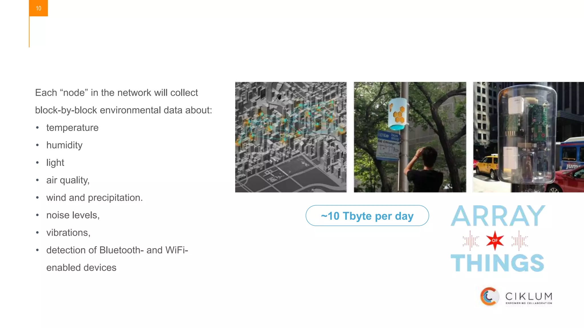 10
Each “node” in the network will collect
block-by-block environmental data about:
• temperature
• humidity
• light
• air quality,
• wind and precipitation.
• noise levels,
• vibrations,
• detection of Bluetooth- and WiFi-
enabled devices
~10 Tbyte per day
 