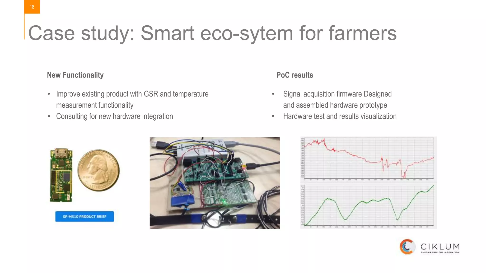 18
Case study: Smart eco-sytem for farmers
New Functionality
• Improve existing product with GSR and temperature
measurement functionality
• Consulting for new hardware integration
PoC results
• Signal acquisition firmware Designed
and assembled hardware prototype
• Hardware test and results visualization
 