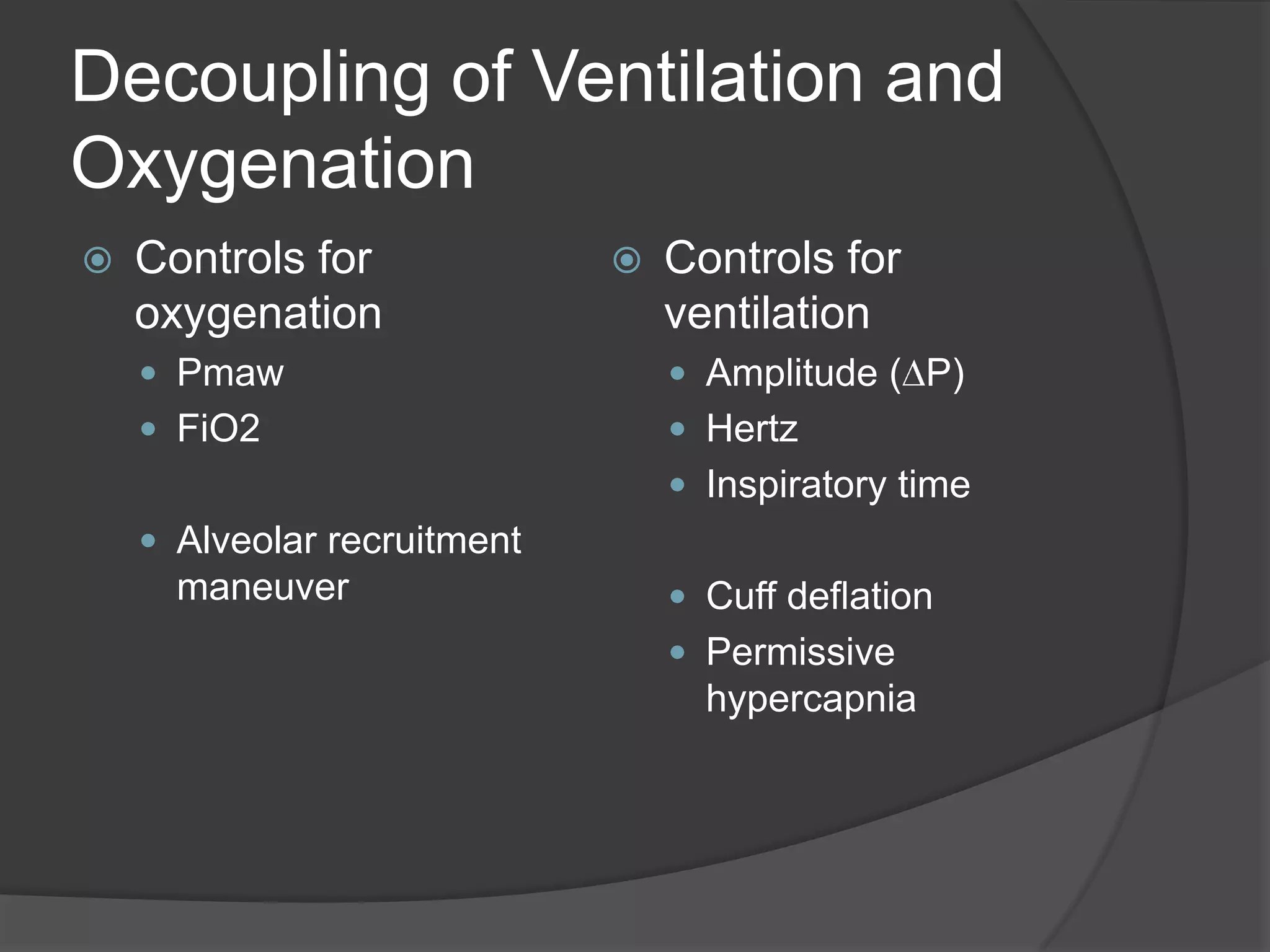 Decoupling of Ventilation and OxygenationControls for oxygenationPmawFiO2Alveolar recruitment maneuverControls for ventilationAmplitude (DP)HertzInspiratory timeCuff deflationPermissive hypercapnia
