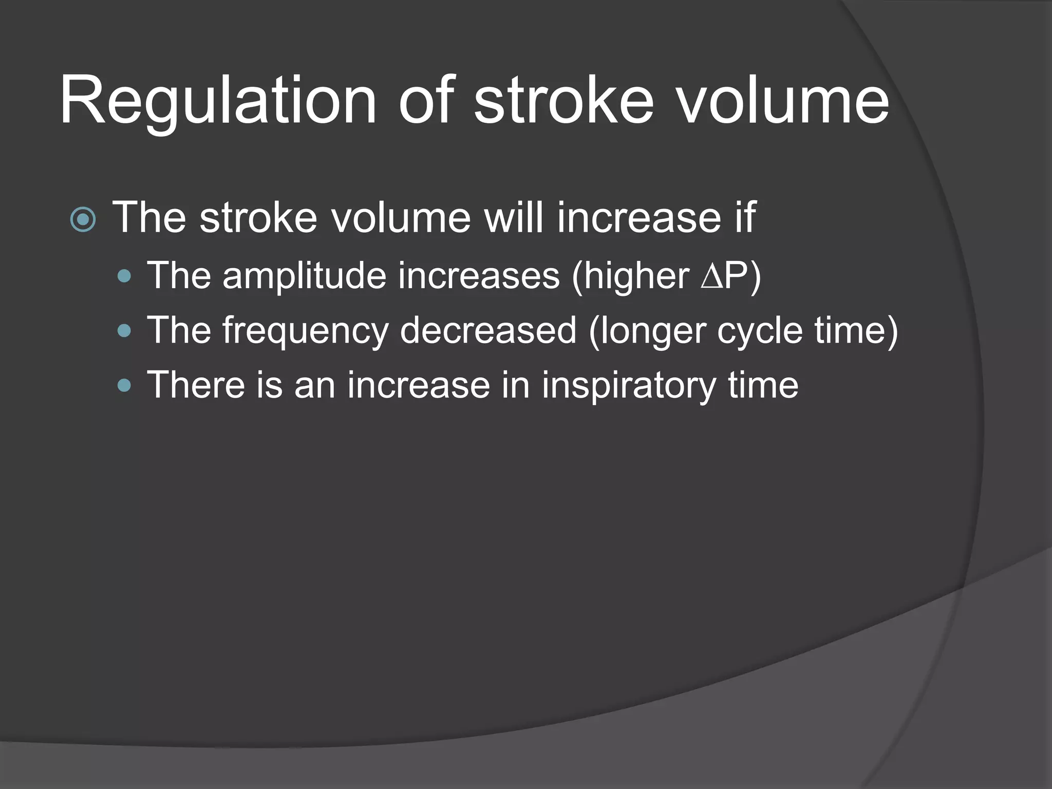 Regulation of stroke volumeThe stroke volume will increase ifThe amplitude increases (higher DP)The frequency decreased (longer cycle time)There is an increase in inspiratory time 