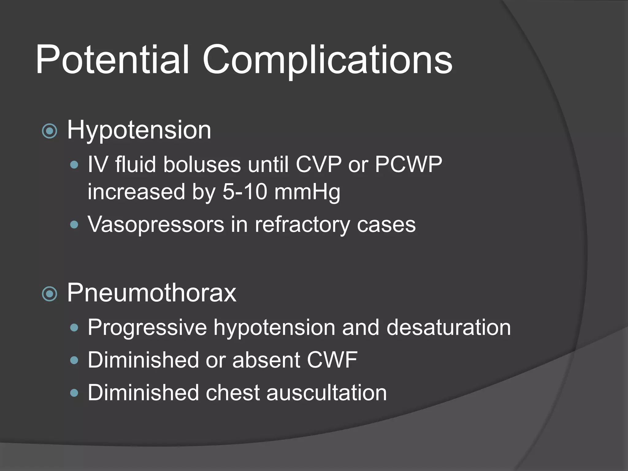 Potential ComplicationsHypotensionIV fluid boluses until CVP or PCWP increased by 5-10 mmHgVasopressors in refractory casesPneumothoraxProgressive hypotension and desaturationDiminished or absent CWFDiminished chest auscultation