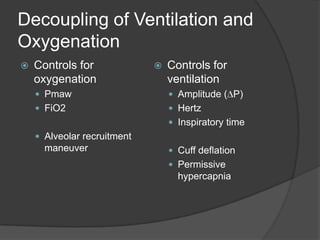 Decoupling of Ventilation and OxygenationControls for oxygenationPmawFiO2Alveolar recruitment maneuverControls for ventilationAmplitude (DP)HertzInspiratory timeCuff deflationPermissive hypercapnia