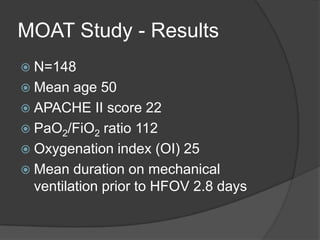 MOAT Study - ResultsN=148Mean age 50APACHE II score 22PaO2/FiO2 ratio 112Oxygenation index (OI) 25Mean duration on mechanical ventilation prior to HFOV 2.8 days