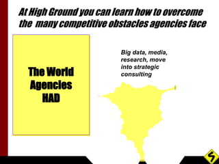 At High Ground you can learn how to overcome 
the many competitive obstacles agencies face 
The World 
Agencies 
HAD 
Big ...