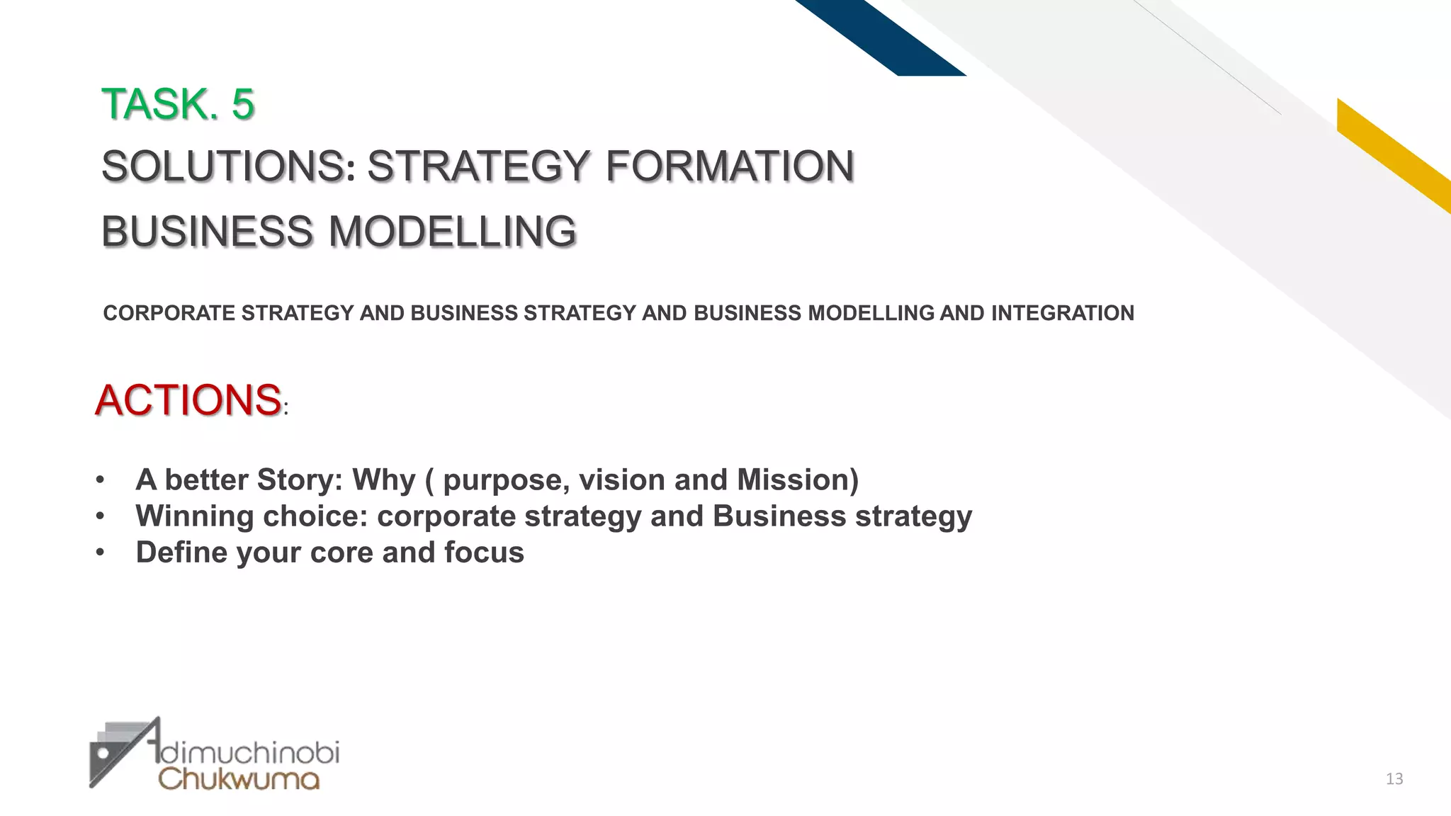 FR
13
TASK. 5
SOLUTIONS: STRATEGY FORMATION
BUSINESS MODELLING
ACTIONS:
• A better Story: Why ( purpose, vision and Mission)
• Winning choice: corporate strategy and Business strategy
• Define your core and focus
CORPORATE STRATEGY AND BUSINESS STRATEGY AND BUSINESS MODELLING AND INTEGRATION
 
