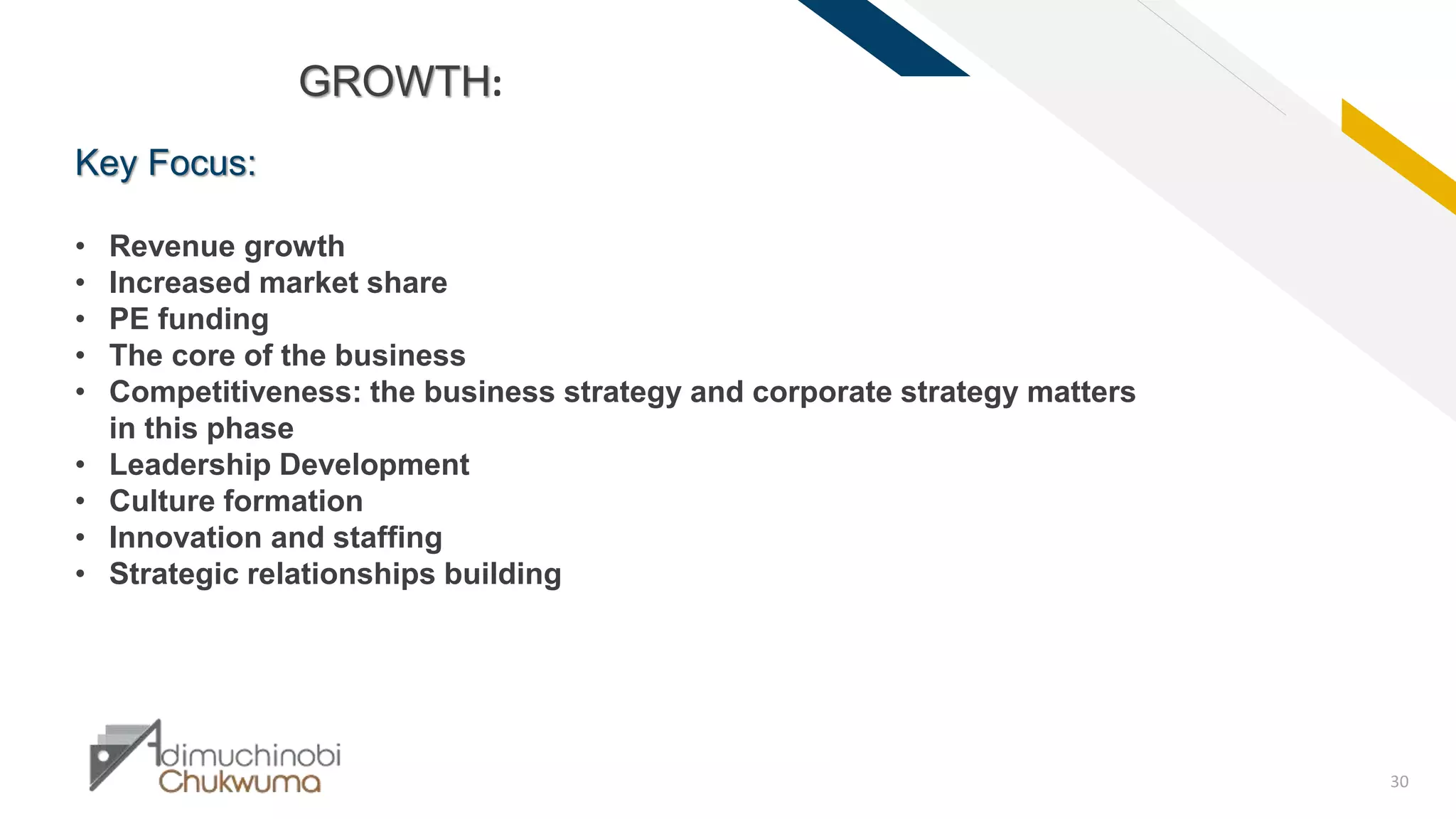 FR
30
GROWTH:
Key Focus:
• Revenue growth
• Increased market share
• PE funding
• The core of the business
• Competitiveness: the business strategy and corporate strategy matters
in this phase
• Leadership Development
• Culture formation
• Innovation and staffing
• Strategic relationships building
 