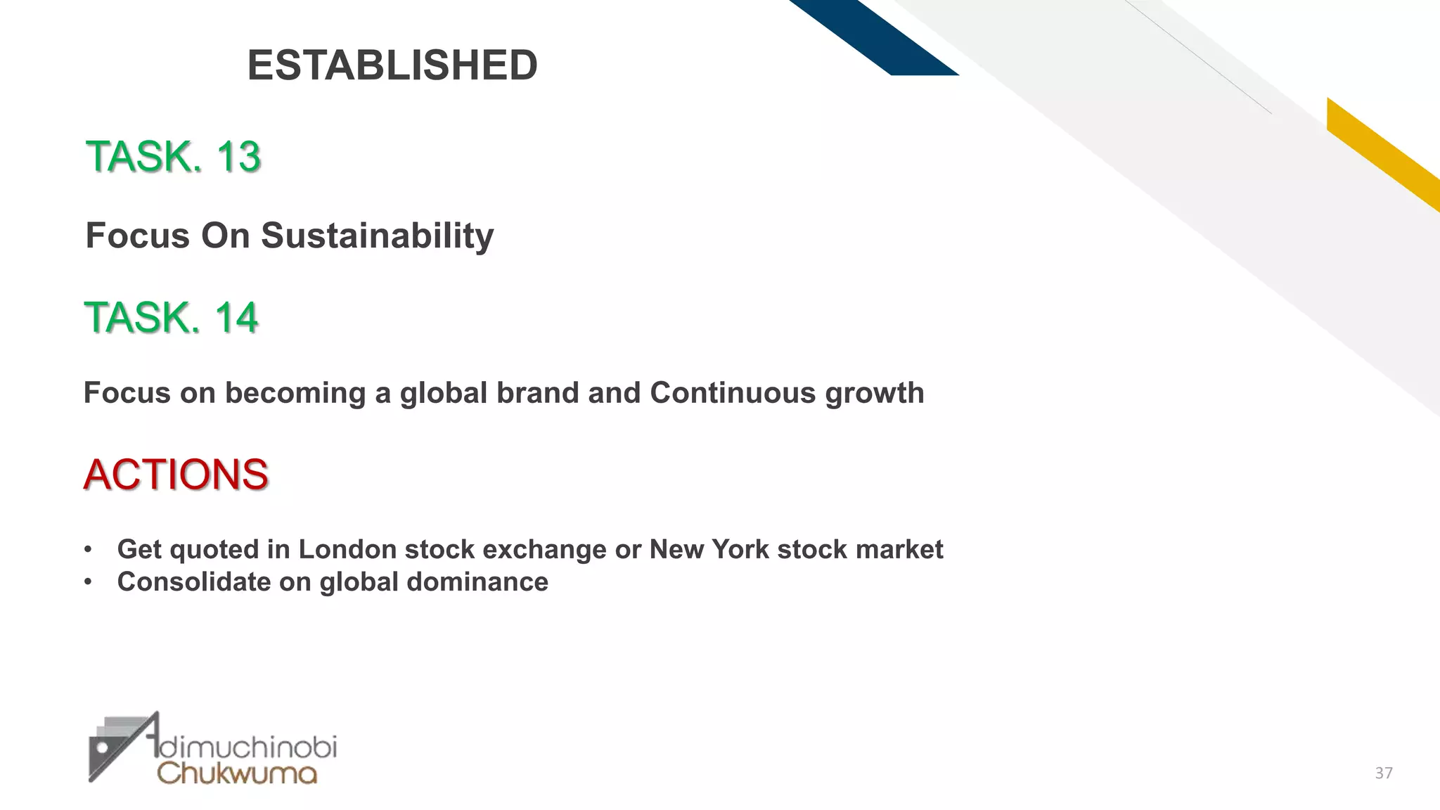 FR
37
ESTABLISHED
TASK. 14
Focus on becoming a global brand and Continuous growth
ACTIONS
• Get quoted in London stock exchange or New York stock market
• Consolidate on global dominance
TASK. 13
Focus On Sustainability
 