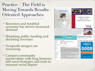 Practice—The Field is
Moving Towards ResultsOriented Approaches
✤

Recession and troubled
economy has driven increased
demand"

✤

Shrinking public funding and
declining revenues "

✤

Nonproﬁt mergers are
increasing"

✤

Campus-community
partnerships with long histories
still need strategies and tools to
measure social impact

 