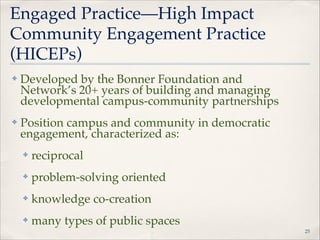 Engaged Practice—High Impact
Community Engagement Practice
(HICEPs)
✤

Developed by the Bonner Foundation and
Network’s 20+ years of building and managing
developmental campus-community partnerships"

✤

Position campus and community in democratic
engagement, characterized as:"
✤

reciprocal"

✤

problem-solving oriented"

✤

knowledge co-creation"

✤

many types of public spaces
!25

 