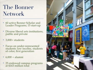 The Bonner
Network
✤

60 active Bonner Scholar and
Leader Programs; 15 start-up"

✤

Diverse liberal arts institutions,
public and private"

✤

3,000+ students"

✤

Focus on under-represented
students: low income, students
of color, ﬁrst generation"

✤

6,000 + alumni"

✤

25 endowed campus programs
at $163 million total

 