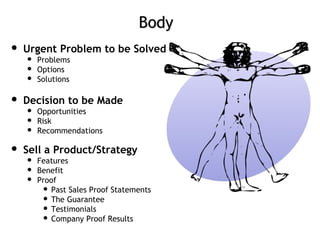 BodyBody
 Urgent Problem to be Solved
 Problems
 Options
 Solutions
 Decision to be Made
 Opportunities
 Risk
 Recommendations
 Sell a Product/Strategy
 Features
 Benefit
 Proof
 Past Sales Proof Statements
 The Guarantee
 Testimonials
 Company Proof Results
 