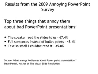 Top three things that annoy them
about bad PowerPoint presentations:
 The speaker read the slides to us – 67.4%
 Full sentences instead of bullet points – 45.4%
 Text so small I couldn't read it – 45.0%
Source: What annoys Audiences about Power point presentations?
Dave Paradi, Author of The Visual Slide Revolution
Results from the 2009 Annoying PowerPoint
Survey
 