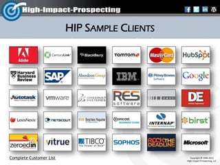 HIP SAMPLE CLIENTS




Complete Customer List                           Copyright © 1996-2012
                                              High-Impact-Prospecting, LLC
 