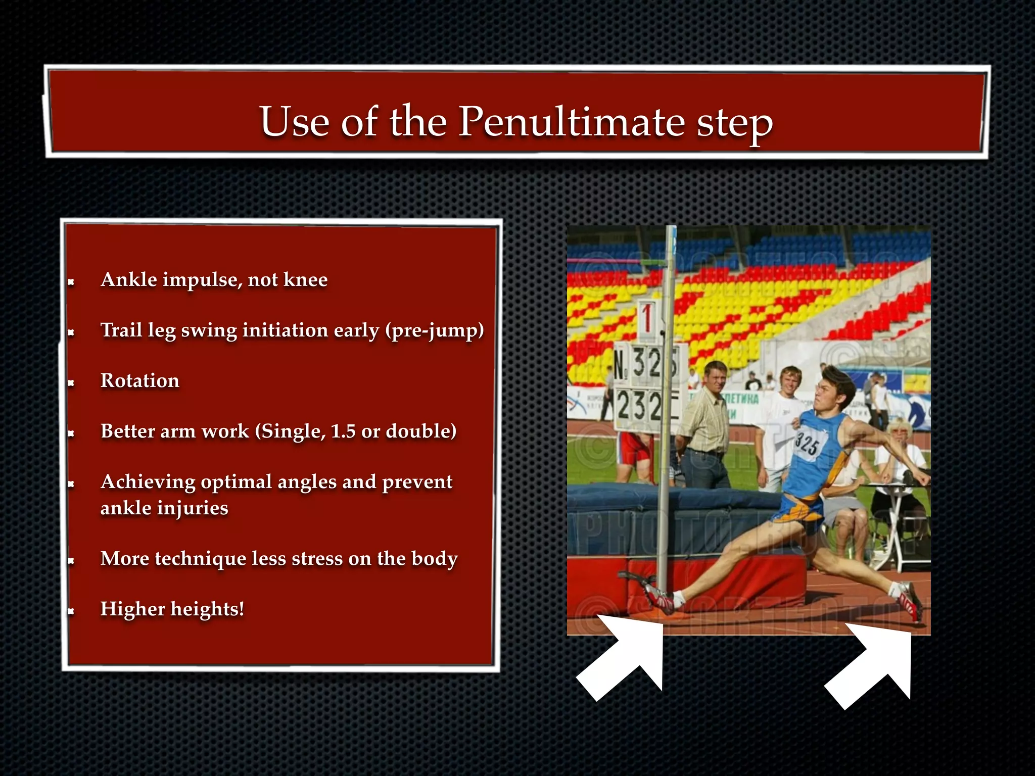 Use of the Penultimate step


Ankle impulse, not knee

Trail leg swing initiation early (pre-jump)

Rotation

Better arm work (Single, 1.5 or double)

Achieving optimal angles and prevent
ankle injuries

More technique less stress on the body

Higher heights!
 