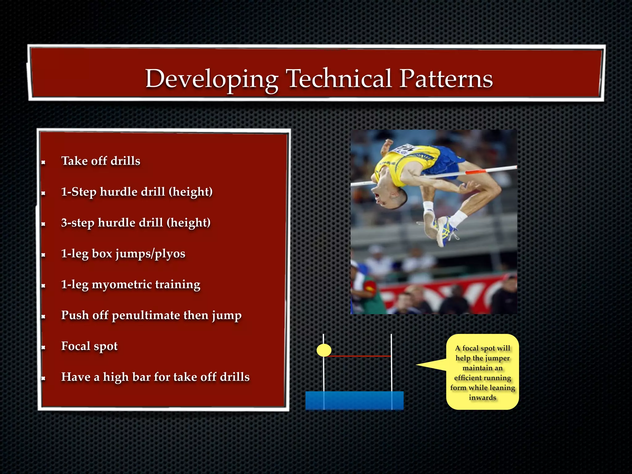 Developing Technical Patterns


Take off drills

1-Step hurdle drill (height)

3-step hurdle drill (height)

1-leg box jumps/plyos

1-leg myometric training

Push off penultimate then jump

Focal spot                                  A focal spot will
                                             help the jumper
                                               maintain an
Have a high bar for take off drills         efﬁcient running
                                           form while leaning
                                                 inwards
 