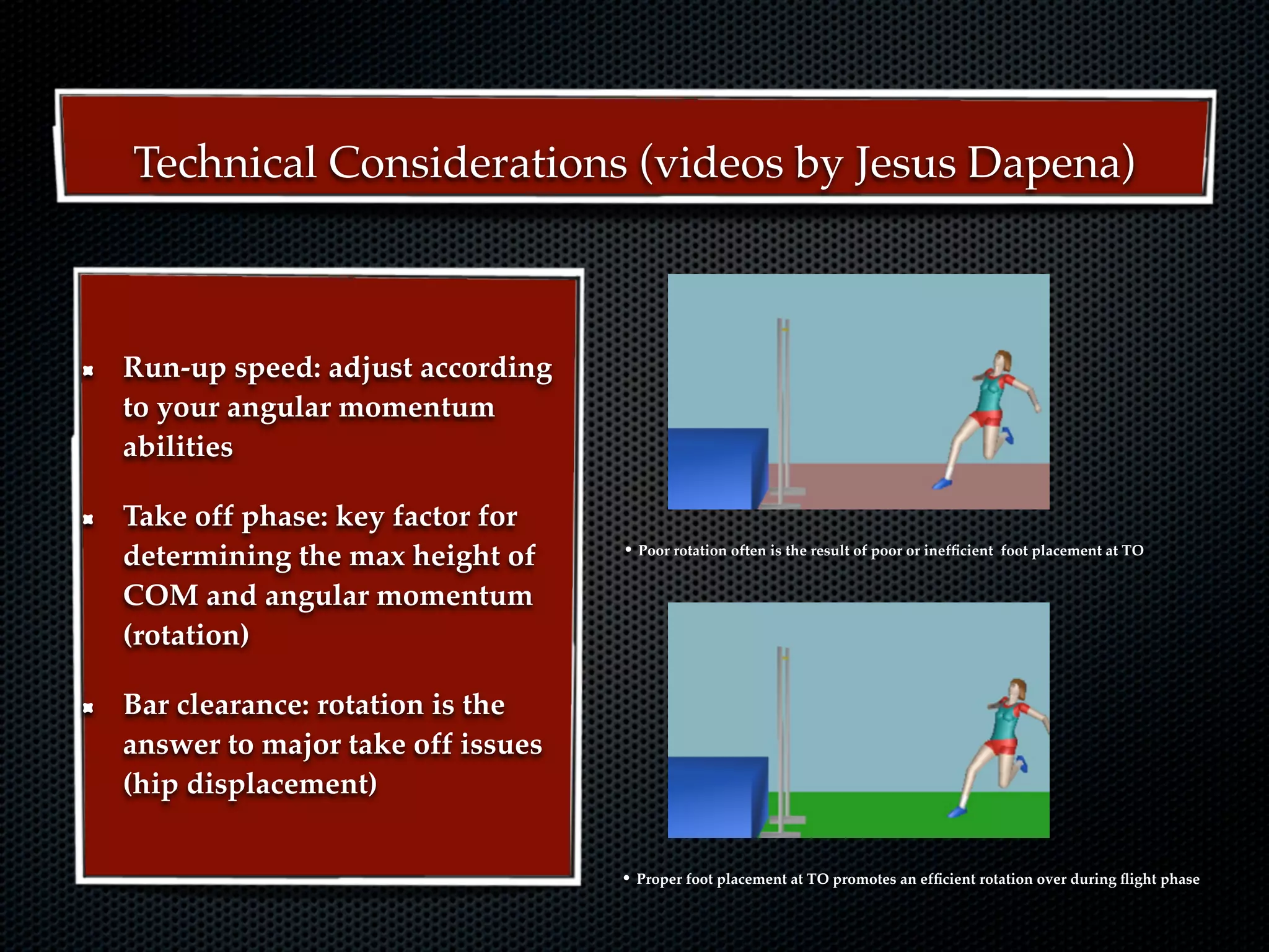 Technical Considerations (videos by Jesus Dapena)



Run-up speed: adjust according
to your angular momentum
abilities

Take off phase: key factor for
determining the max height of     • Poor rotation often is the result of poor or inefﬁcient   foot placement at TO


COM and angular momentum
(rotation)

Bar clearance: rotation is the
answer to major take off issues
(hip displacement)


                                  • Proper foot placement at TO promotes an efﬁcient rotation over during ﬂight phase
 