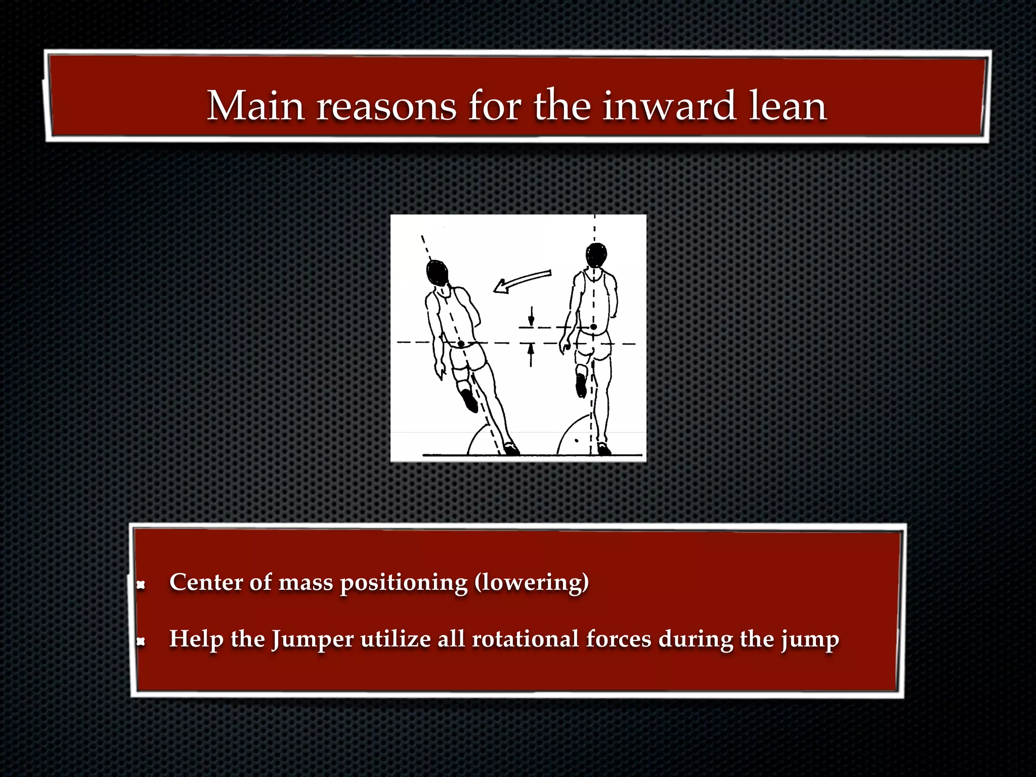 final curved approach run is an important
of the high jump forreasons for the inward lean
              Main   two reasons

ering of CM
 itating rotations




                   Center of mass positioning (lowering)
      18th NACACTFCA Conference Aruba October 2008         Dr. Wolfgang Ritzdorf


                   Help the Jumper utilize all rotational forces during the jump
 