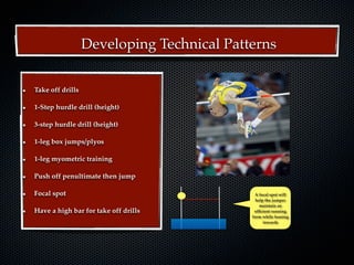 Developing Technical Patterns


Take off drills

1-Step hurdle drill (height)

3-step hurdle drill (height)

1-leg box jumps/plyos

1-leg myometric training

Push off penultimate then jump

Focal spot                                  A focal spot will
                                             help the jumper
                                               maintain an
Have a high bar for take off drills         efﬁcient running
                                           form while leaning
                                                 inwards
 