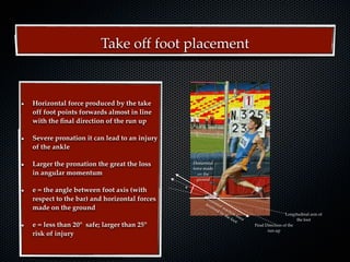 Take off foot placement



Horizontal force produced by the take
off foot points forwards almost in line
with the ﬁnal direction of the run up

Severe pronation it can lead to an injury
of the ankle

Larger the pronation the great the loss         Horizontal
                                                force made
in angular momentum                                on the
                                                  ground
                                            e
e = the angle between foot axis (with
                                                     Ho
respect to the bar) and horizontal forces              riz
                                                     rec onta
made on the ground                                      eiv l re
                                                           ed    a
                                                              by ction
                                                                the    fo                      Longitudinal axis of
                                                                    foo rce                          the foot
                                                                       t
e = less than 20° safe; larger than 25°                                       Final Direction of the
                                                                                     run-up
risk of injury
 