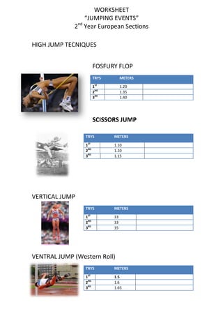 WORKSHEET
“JUMPING EVENTS”
2nd
Year European Sections
HIGH JUMP TECNIQUES
FOSFURY FLOP
TRYS METERS
1ST
1.20
2ND
1.35
3RD
1.40
SCISSORS JUMP
TRYS METERS
1ST
1.10
2ND
1.10
3RD
1.15
VERTICAL JUMP
TRYS METERS
1ST
33
2ND
33
3RD
35
VENTRAL JUMP (Western Roll)
TRYS METERS
1ST
1.5
2ND
1.6
3RD
1.65
 