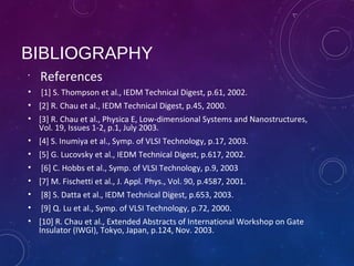 BIBLIOGRAPHY
•
References
• [1] S. Thompson et al., IEDM Technical Digest, p.61, 2002.
• [2] R. Chau et al., IEDM Technical Digest, p.45, 2000.
• [3] R. Chau et al., Physica E, Low-dimensional Systems and Nanostructures,
Vol. 19, Issues 1-2, p.1, July 2003.
• [4] S. Inumiya et al., Symp. of VLSI Technology, p.17, 2003.
• [5] G. Lucovsky et al., IEDM Technical Digest, p.617, 2002.
• [6] C. Hobbs et al., Symp. of VLSI Technology, p.9, 2003
• [7] M. Fischetti et al., J. Appl. Phys., Vol. 90, p.4587, 2001.
• [8] S. Datta et al., IEDM Technical Digest, p.653, 2003.
• [9] Q. Lu et al., Symp. of VLSI Technology, p.72, 2000.
• [10] R. Chau et al., Extended Abstracts of International Workshop on Gate
Insulator (IWGI), Tokyo, Japan, p.124, Nov. 2003.
 